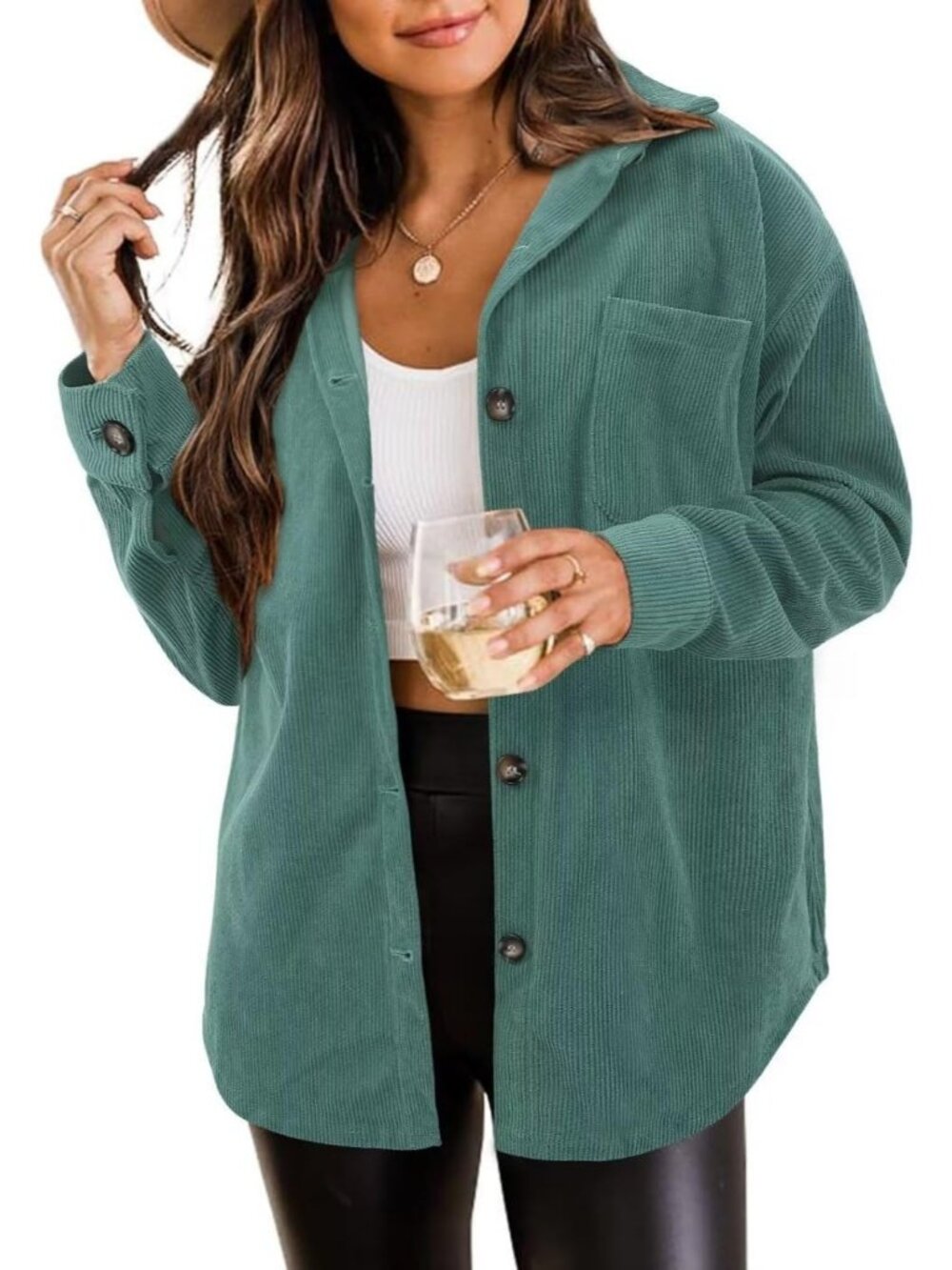 Women's Army Green Oversized Corduroy Long Sleeve Button-down Shacket Jacket